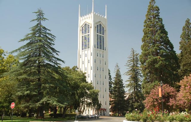 Burns Tower on the University of the Pacific campus.