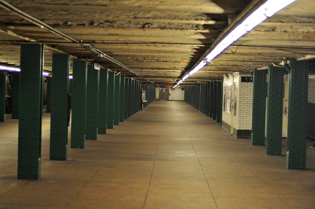 The long and wide mezzanine in the West Fourth Street station in Greenwich Village.