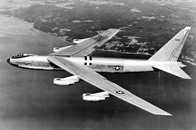 Side view of YB-52 bomber, still fitted with tandem cockpit, in common with other jet bombers in US service, such as the B-45 Tornado, B-47 Stratojet and B-57 Canberra