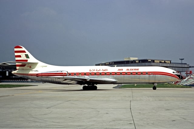 An Air Algérie Sud Aviation Caravelle at Paris Orly Airport in 1971. Air Algérie became the first private French airline in ordering the type in 1958, and received the first of them in early 1960. Caravelles were operated until the mid-1970s.