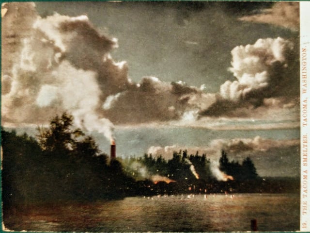 A 1909 postcard image of Tacoma with its ASARCO smelter smokestack