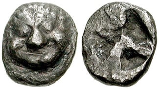 Silver Obol of Athens, dated 515–510 BC.
