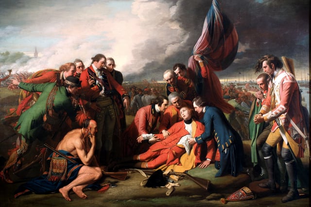Benjamin West's The Death of General Wolfe (1771) dramatizes James Wolfe's death during the Battle of the Plains of Abraham at Quebec.