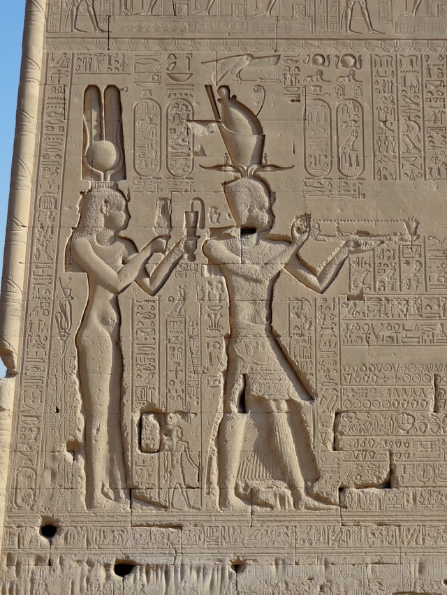 Relief of Ptolemaic Queen Cleopatra VII and Caesarion, Dendera Temple, Egypt.