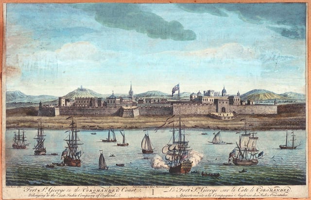 An 18th-century portrait depicting Fort St. George, the first major English settlement in India and the foundation stone of Chennai