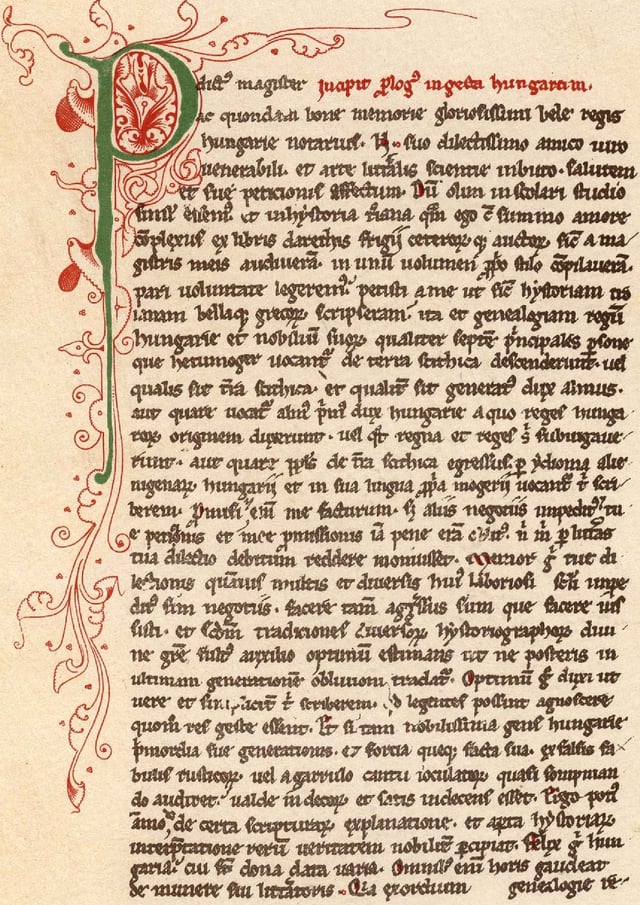 The first page of Gesta Hungarorum – a medieval Hungarian manuscript which is one of the main sources for the Hungarian conquest. However, it mixes ascertainably correct facts, inaccuracies and information that cannot be confirmed from other sources. Some parts are considered by most modern authors as simply inventions (by the author or by his predecessors) to contradict Frankish and other chronicles.