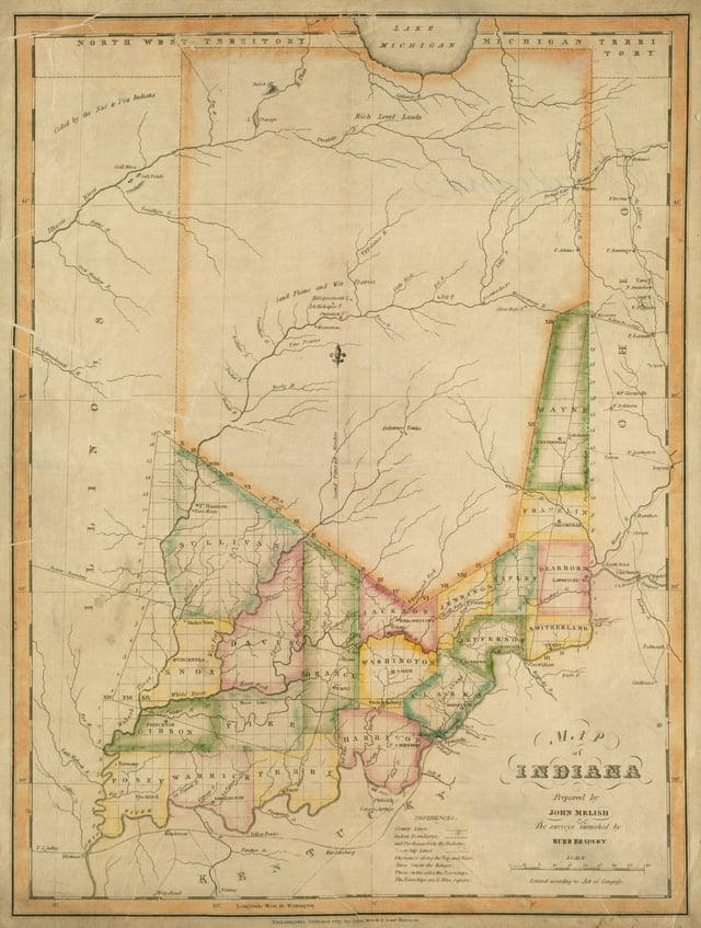 Above: a map showing extent of the treaty lands. Below: one of the first maps of Indiana (made 1816, published 1817) showing territories prior to the Treaty of St. Mary's which greatly expanded the region. Note the inaccurate placement of Lake Michigan.