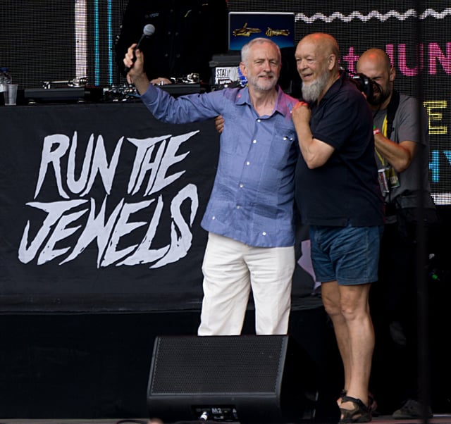 Jeremy Corbyn and Michael Eavis together on the Pyramid Stage at the 2017 Glastonbury Festival