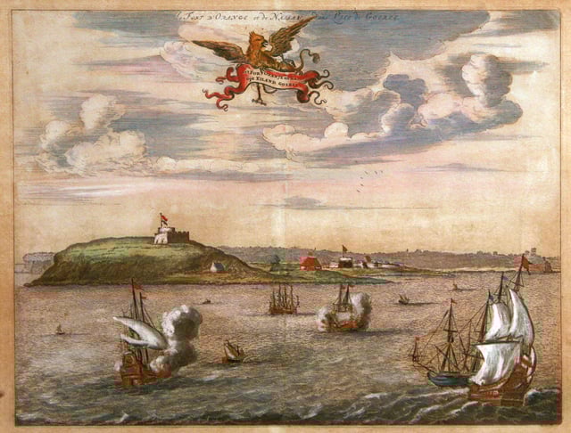 Orange and Nassau Fort at Gorée island. Coloured engraving, Holland, 17th century
