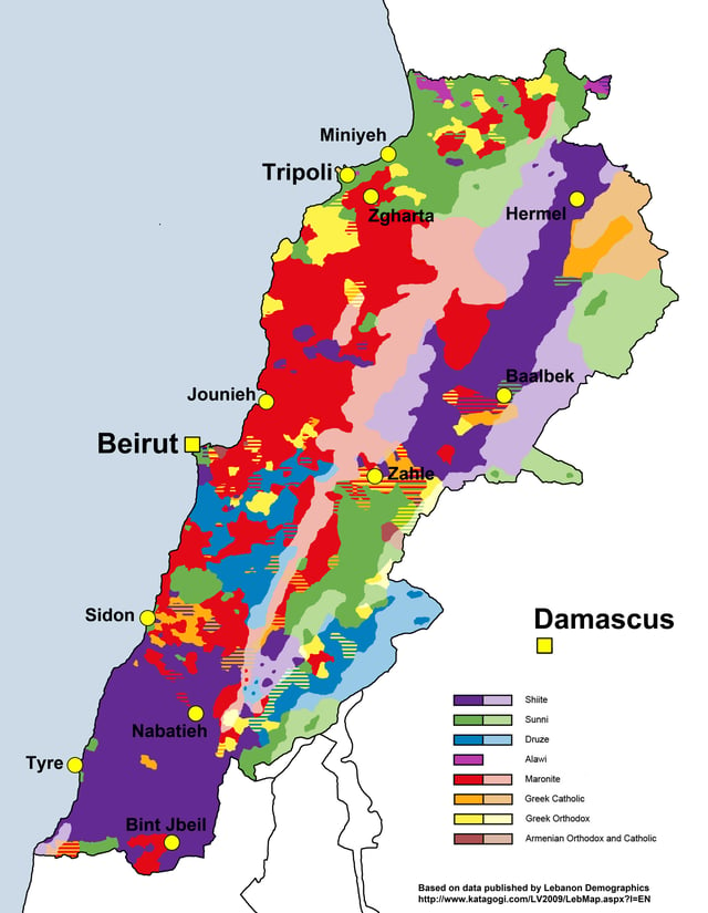 Distribution of main religious groups of Lebanon according to last municipal election data.