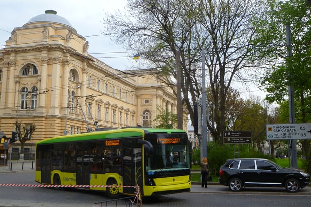 Ukrainian low-floor trolleybus Electron T19 on the city street