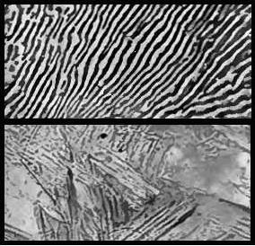 Photomicrographs of steel. Top photo: Annealed (slowly cooled) steel forms a heterogeneous, lamellar microstructure called pearlite, consisting of the phases cementite (light) and ferrite (dark). Bottom photo: Quenched (quickly cooled) steel forms a single phase called martensite, in which the carbon remains trapped within the crystals, creating internal stresses.