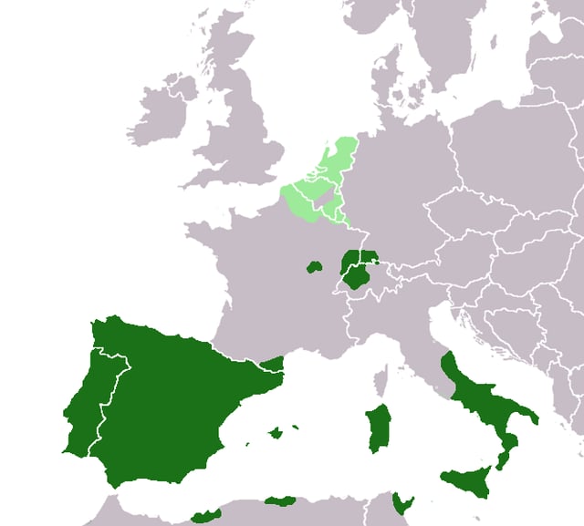 The Spanish Empire in 1580, with the Spanish Netherlands in light green.