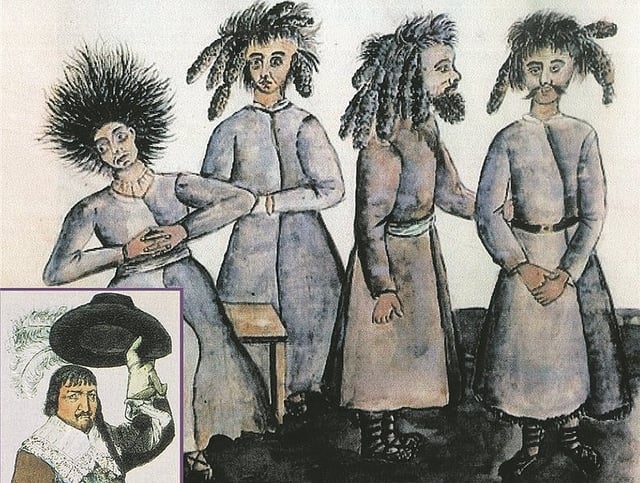 A drawing of Peasants with "Polish Plaits"