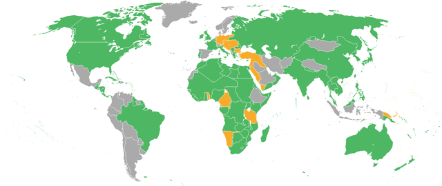 Map of the world showing the participants in World War I. Those fighting on the Entente's side (at one point or another) are depicted in green, the Central Powers in orange, and neutral countries in grey.