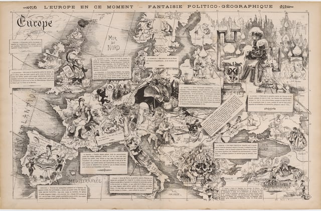 Europe at This Moment (1872)- A Political-Geographic Fantasy: An elaborate satirical map reflecting the European situation following the Franco-Prussian war. France had suffered a crushing defeat: the loss of Alsace and much of Lorraine; The map contains satirical comments on 14 countries