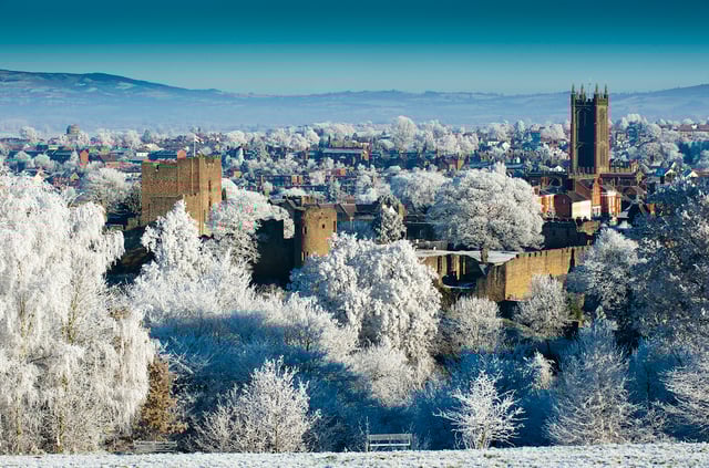 The skyline of Ludlow, one of south Shropshire's market towns, dominated by its sizeable castle and church.
