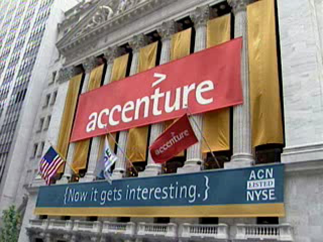 Accenture's banner hanging on the New York Stock Exchange (NYSE) building for its initial public offering on 19 July 2001.