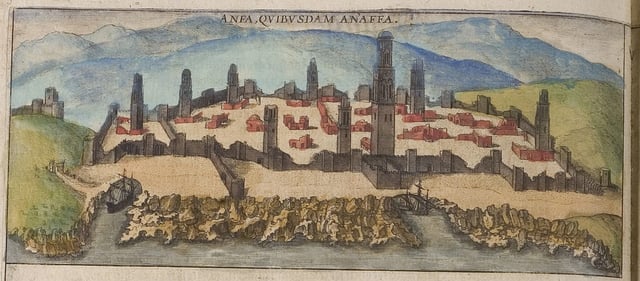 Casablanca in 1572, still called "Anfa" in this coloured engraving, although the Portuguese had already renamed it "Casa Branca" – "White House" – later Hispanicised to "Casablanca".