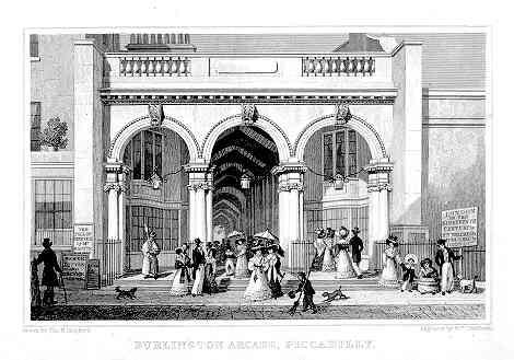 The Piccadilly entrance to the Burlington Arcade in 1827–28, shortly after its opening