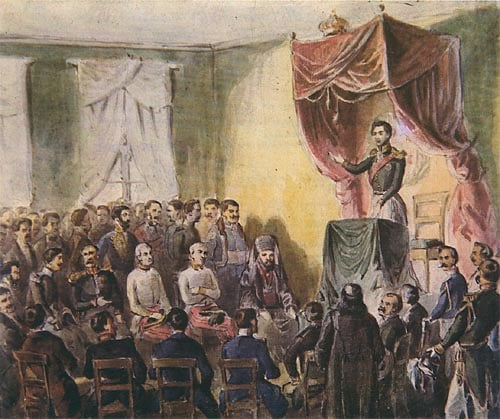 Prince Mihailo speaks to the Society of Serbian Scholarship members at the first meeting on 8 June 1842.