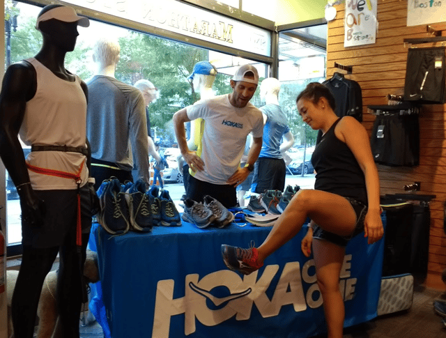 A Hoka One One booth at a running store in Boston, Massachusetts where runners can test run in the latest shoes.