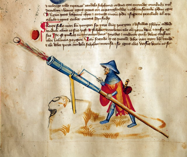 Hand cannon being fired from a stand, "Belli Fortis", manuscript, by Konrad Kyeser, 1400