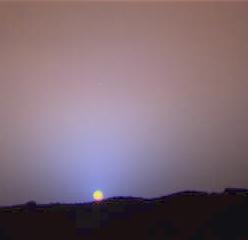Sunlight on Mars is dimmer than on Earth. This photo of a Martian sunset was imaged by Mars Pathfinder.