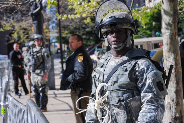 A U.S. soldier on riot control duty