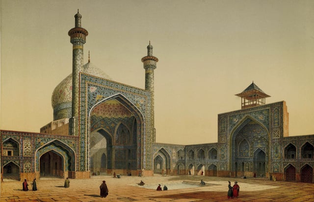 Painting by the French architect, Pascal Coste, visiting Persia in 1841 (from Monuments modernes de la Perse). In the Safavid era the Persian architecture flourished again and saw many new monuments, such as the Masjid-e Shah, part of Naghsh-i Jahan Square which is the biggest historic plaza in the world.