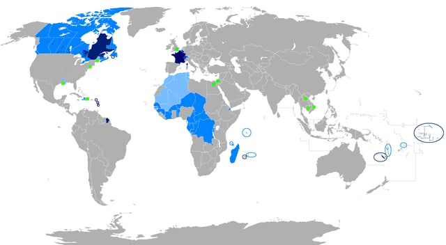 A map of the Francophone world Native language Administrative language Secondary or non-official language Francophone minorities