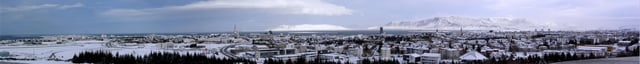 Panorama of Reykjavík seen from Perlan with the mountains Akrafjall (middle) and Esja (right) in the background