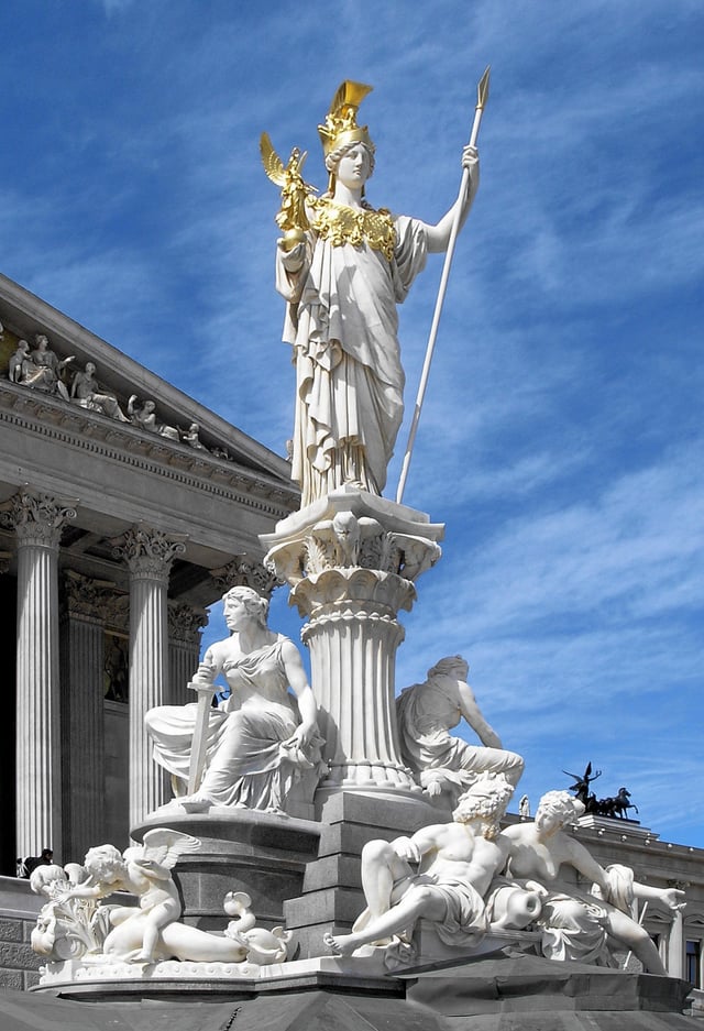 Statue of Athena, the patron goddess of Athens, in front of the Austrian Parliament Building. Athena has been used as an international symbol of freedom and democracy since at least the late eighteenth century.