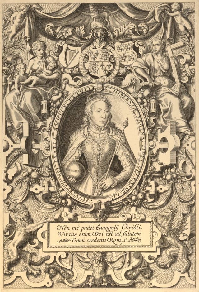 In this edition, Elizabeth is flanked by allegorical virtues of Faith and Charity. Elizabeth therefore represents Hope.Beneath the portrait is a Latin text from Romans 1:16