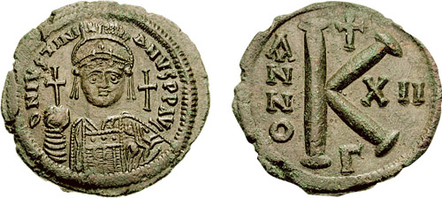 Justinian was one of the first Roman Emperors to be depicted holding the cross-surmounted orb on the obverse of a coin.