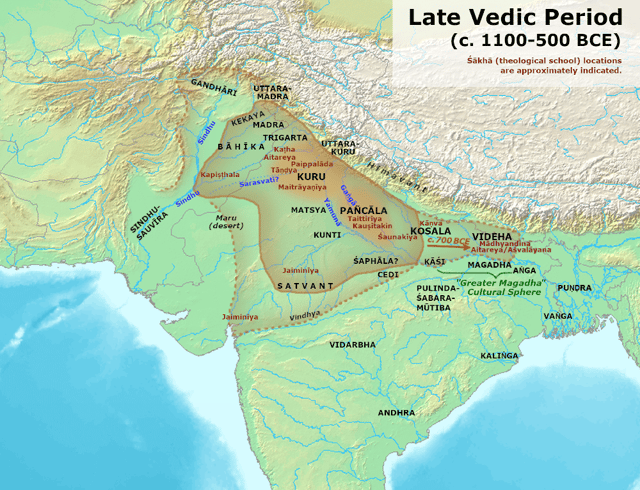 Late Vedic era map showing the boundaries of Āryāvarta with Janapadas in northern India, beginning of Iron Age kingdoms in India – Kuru, Panchala, Kosala, Videha.