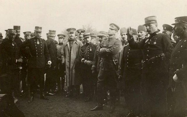 Mustafa Kemal Bey (4th from right) listening to the briefing of French Colonel Auguste Edouard Hirschauer during the Picardie army manoeuvres, September 1910