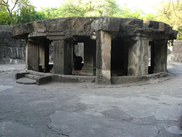The circular Nandi mandapa at the Pataleshwar cave temple built in the Rashtrakuta era