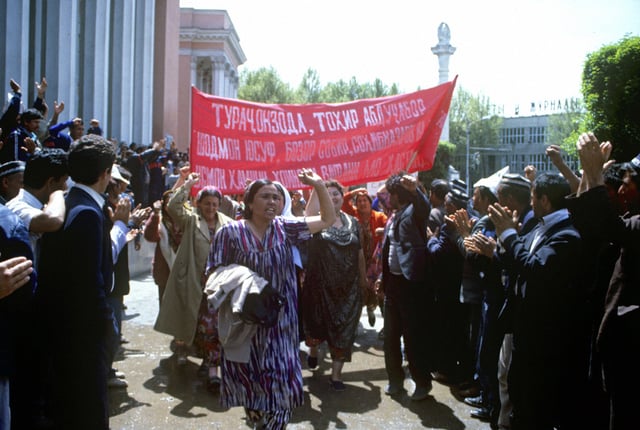 Tajik men and women rally on Ozodi square in Dushanbe shortly after independence, 1992.