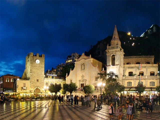 Taormina's central square at sunset