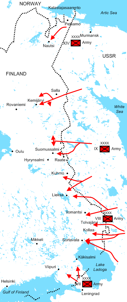 Offensives of the four Soviet armies from 30 November to 22 December 1939 displayed in red
