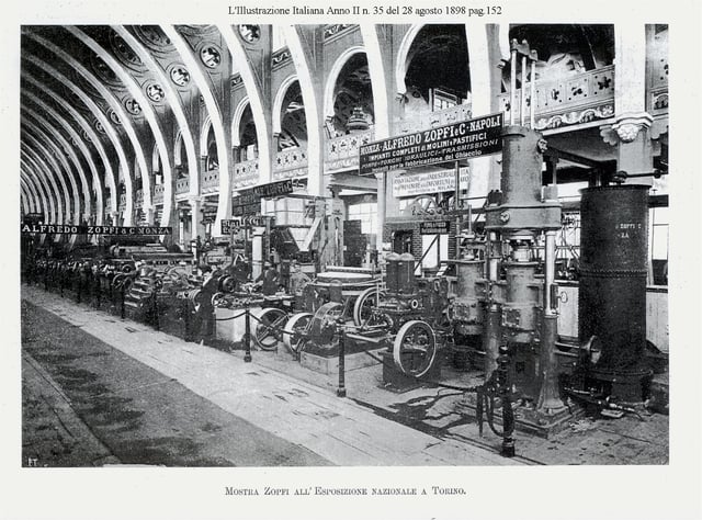A factory machinery exposition in Turin, set in 1898, during the period of early industrialization, National Exhibition of Turin, 1898