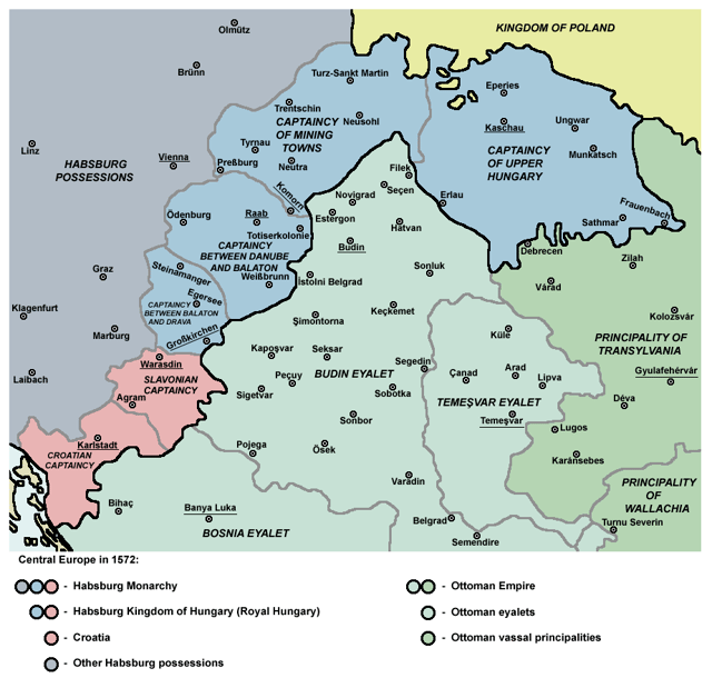 Turkish conquests, and remains of Hungarian Kingdom by 1572, including upper Slavonia and Croatia