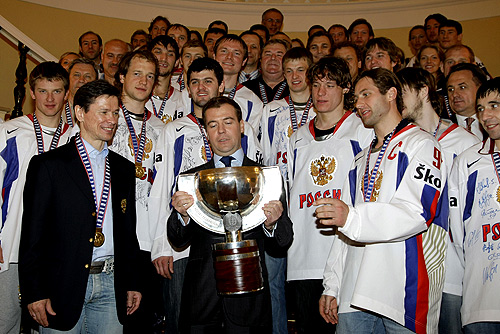 Dmitry Medvedev with the Russia men's national ice hockey team