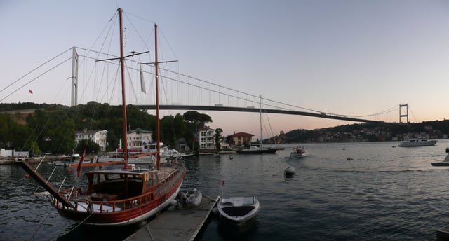 The Fatih Sultan Mehmet Bridge is one of three suspension bridges on the Bosphorus strait.