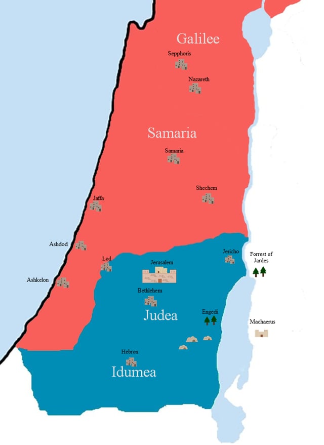 Judea (shown in blue) under Hyrcanus II in 63 BCE.