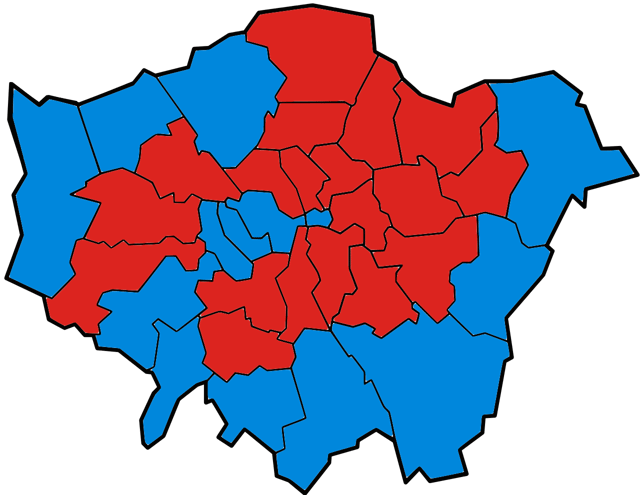 Map of Greater London boroughs showing those that voted for Khan (red) and Goldsmith (blue) in the 2016 mayoral election