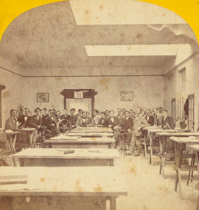 Stereographic card showing an MIT mechanical drafting studio, 19th century (photo by E.L. Allen, left/right inverted)