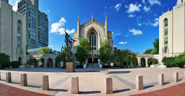 Marsh Plaza and its surrounding buildings were one of the first completed parts of the Charles River Campus