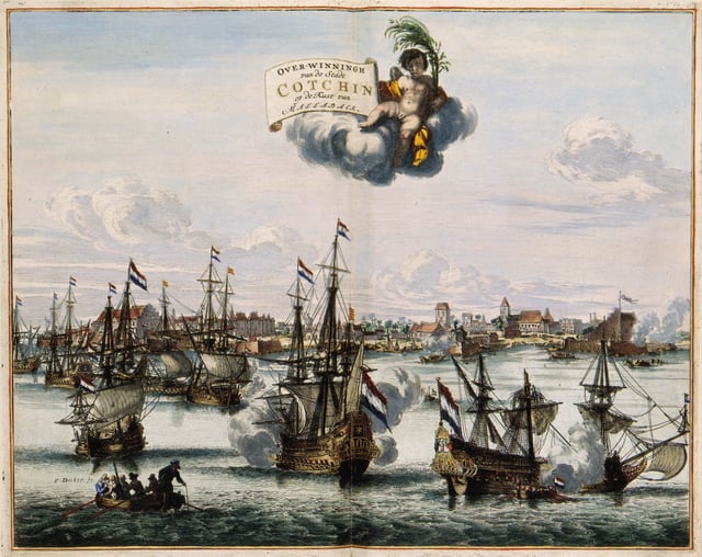 The capture of Kochi and victory of the V.O.C. over the Portuguese in 1663. Atlas van der Hem 1682,